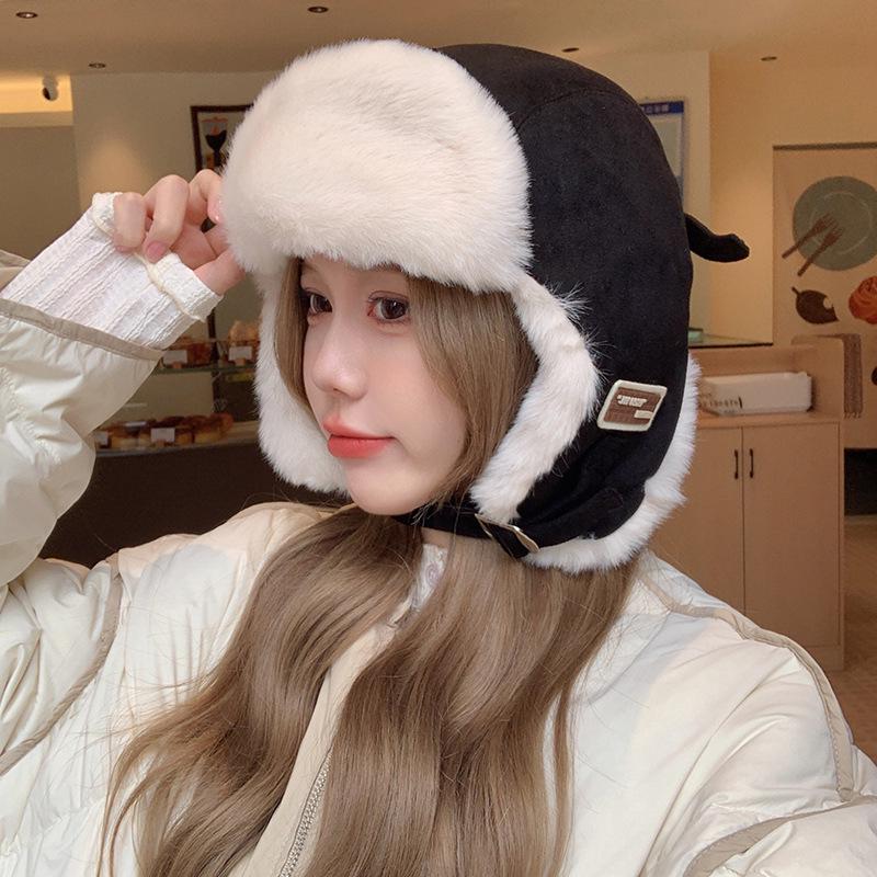 Women's Suede Aviator Hat with Thick Plush Ear Protection for Autumn and Winter