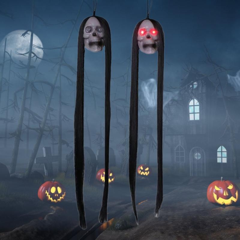Hanging Skull Halloween Indoor Decoration Spooky Glowing Long Hair Skull Festival Glowing Skull  Room Decors 6PCS