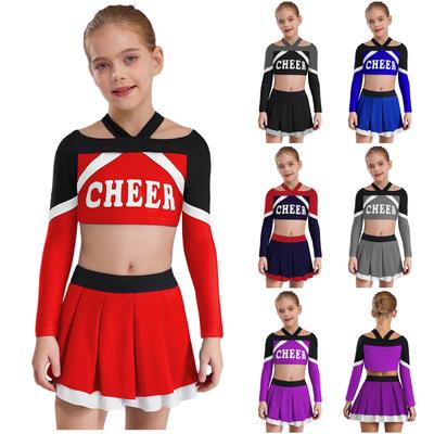 Meisjes Cheerleading Outfit Lange Mouw Letter Print Kleurblok Croptop Geplooide Rok Set