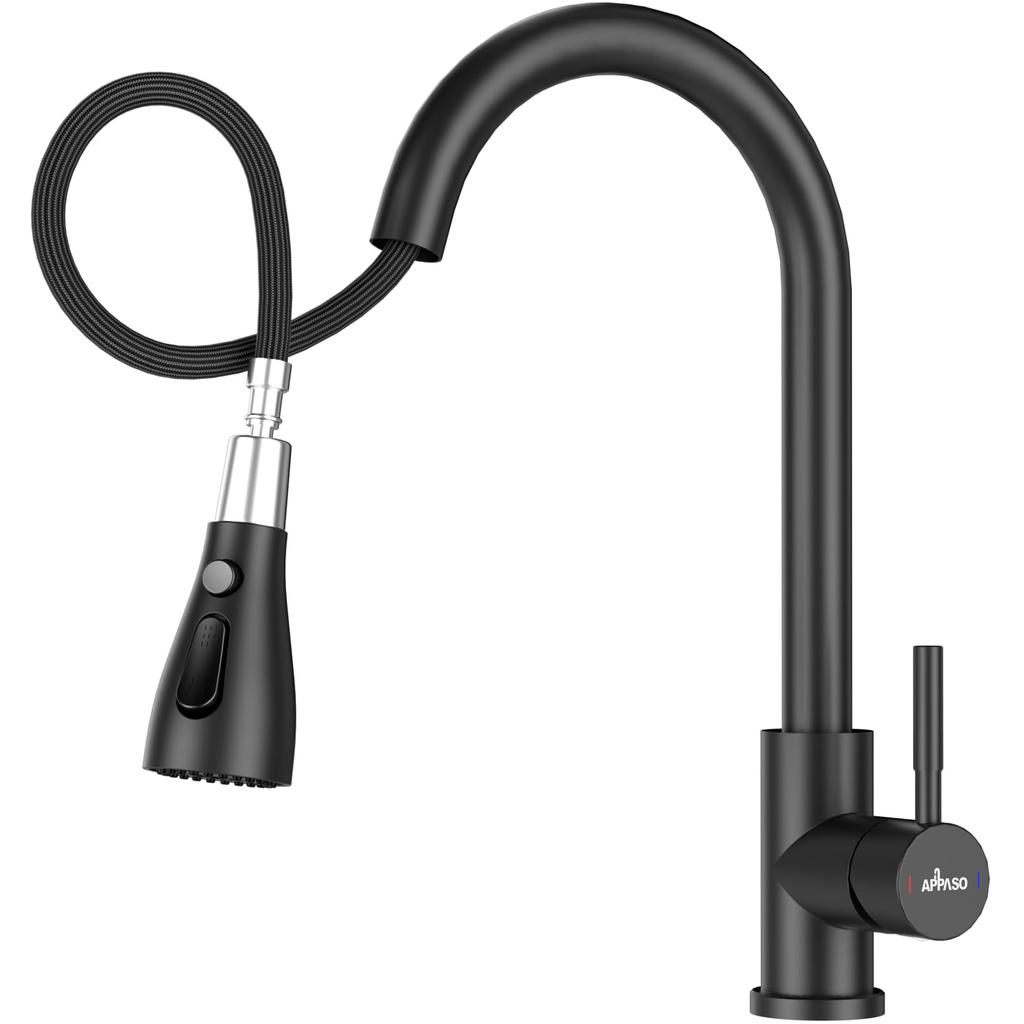 APPASO Black Kitchen Rotating Single SUS304 Stainless High Arc Sink with Hot and Cold Water Pull-Out Mixer, 360° Lever, Steel, Gooseneck, Mixer,
