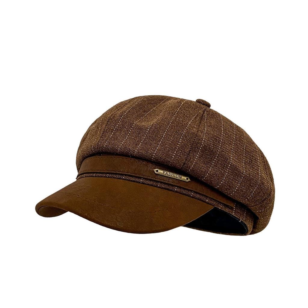 British Style Splicing Striped Octagonal Hat Female Face Small Big Head Circumference Beret Versatile Fashion Newsboy Painter Hat