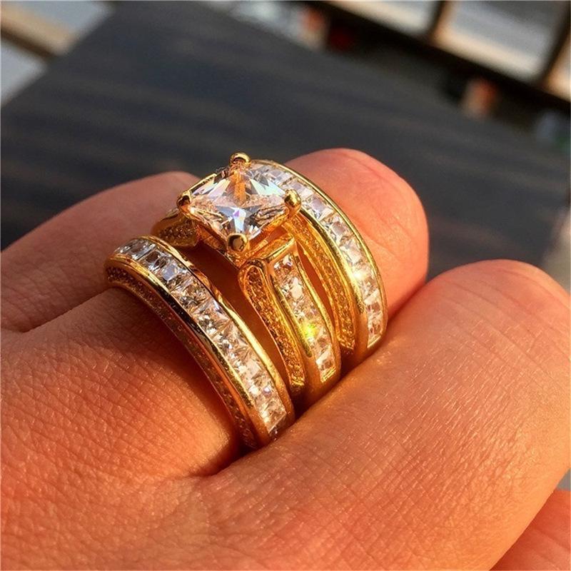 Hot sale, three-piece set of micro-inlaid zircon ring, luxury couple zircon ring, European and American women's jewelry.