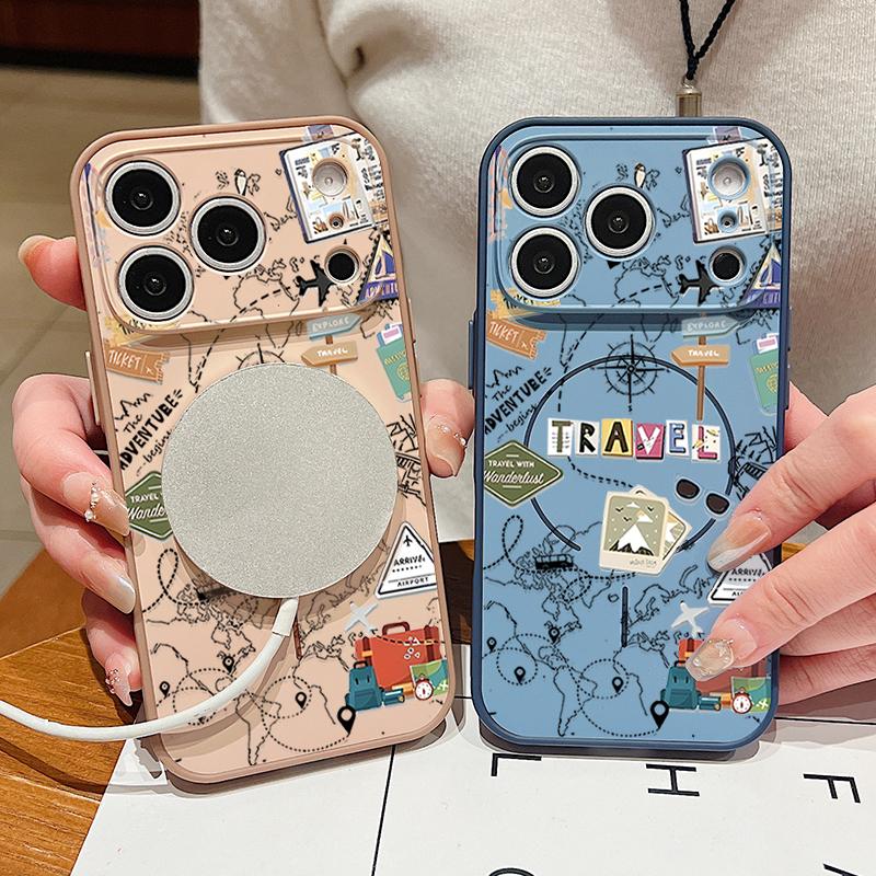 Air Line Travel Map Pattern Case For iPhone 17 Pro Max Magnetic For Magsafe Skin Feeling Cover For iPhone 16 15 14 13 Pro Max