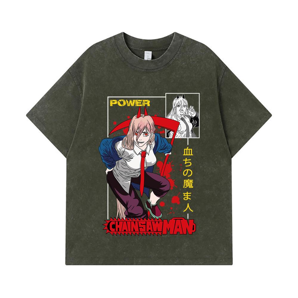 275 GSM Washed T-shirts 100% Cotton Chainsaw Man V40 Power Print Unisex Heavy Cotton T Shirt