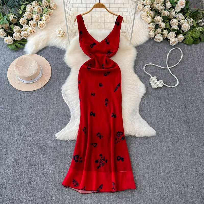 

Retro Elegant Red Slip Dress Women s Summer V-neck Printed Skirt Silm Tight Waist Sheath Fishtail Dress Red S