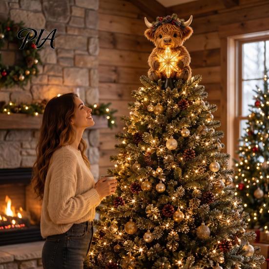 Hochlandkuh Weihnachtsbaumspitze Leuchtender Stern Topper, Beleuchtete Dekoration mit Einzigartigem Partyzubehör Warmes LED, Batteriebetriebenes Feiertagsornament