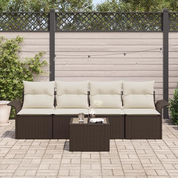 Set de Canapés de Jardin 5 pièces avec Coussins Marron Rattan Poly, Canapé de Jardin 2 Places avec Rangement et Coussins 3353897