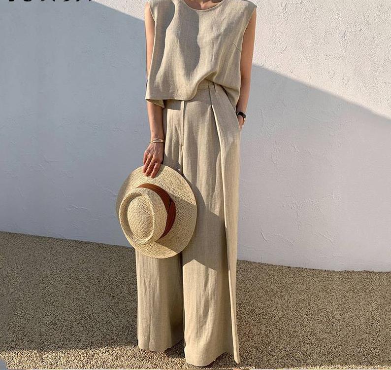 Spring/Summer 2023 Cotton Linen Casual Two-Piece Set: Sleeveless Top & Wide-Leg Pants for Women