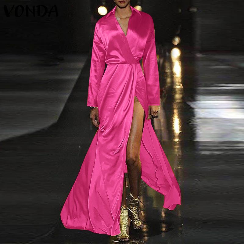 VONDA Vestido camisero de manga larga de satén con abertura en color liso a la moda para mujer