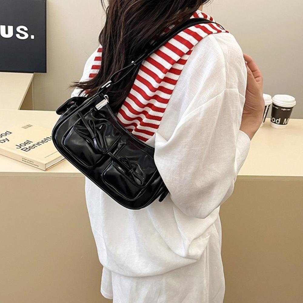 Multiple Pockets Bow Crossbody Bag Y2K Women Handbag Portable PU Leather Underarm Bag Outdoor