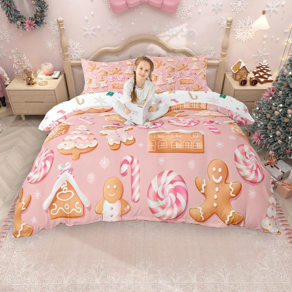 Homewish Kawaii Lebkuchen Bettbezug-Set für Mädchen Jungen, Weihnachtsbaum Weihnachtsmann Bettdeckenbezug-Set, Schneeflocken Bettwäsche-Set
