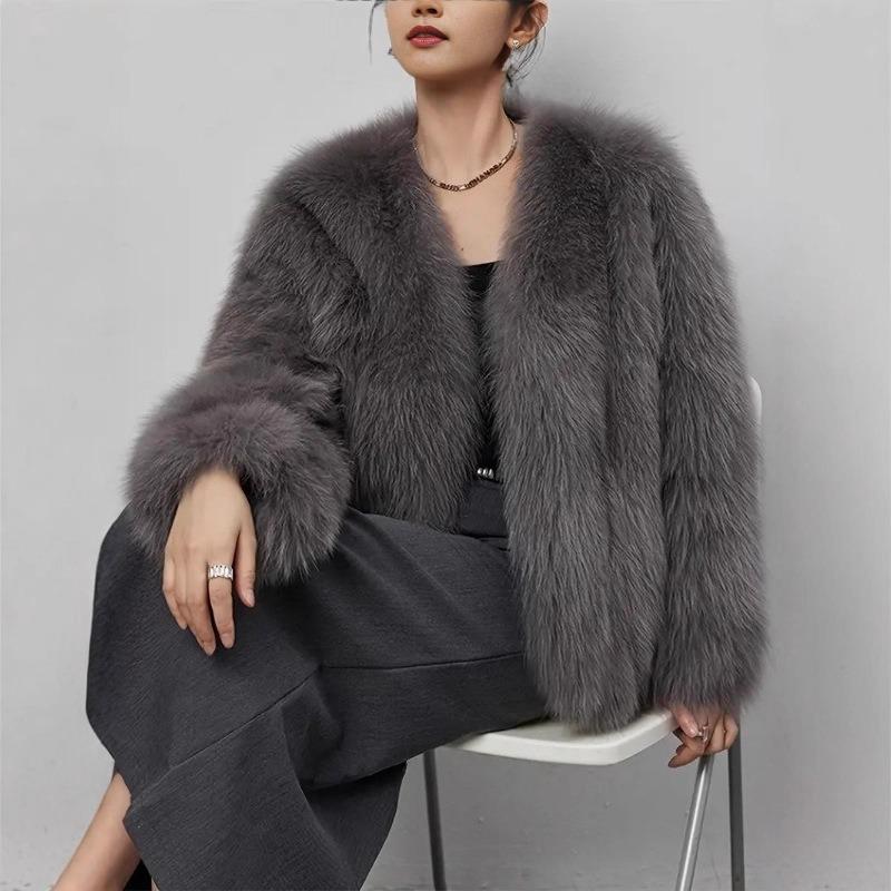 Fur V-neck faux fur jacket short fashion fox fur jacket fluffy plush women's clothing