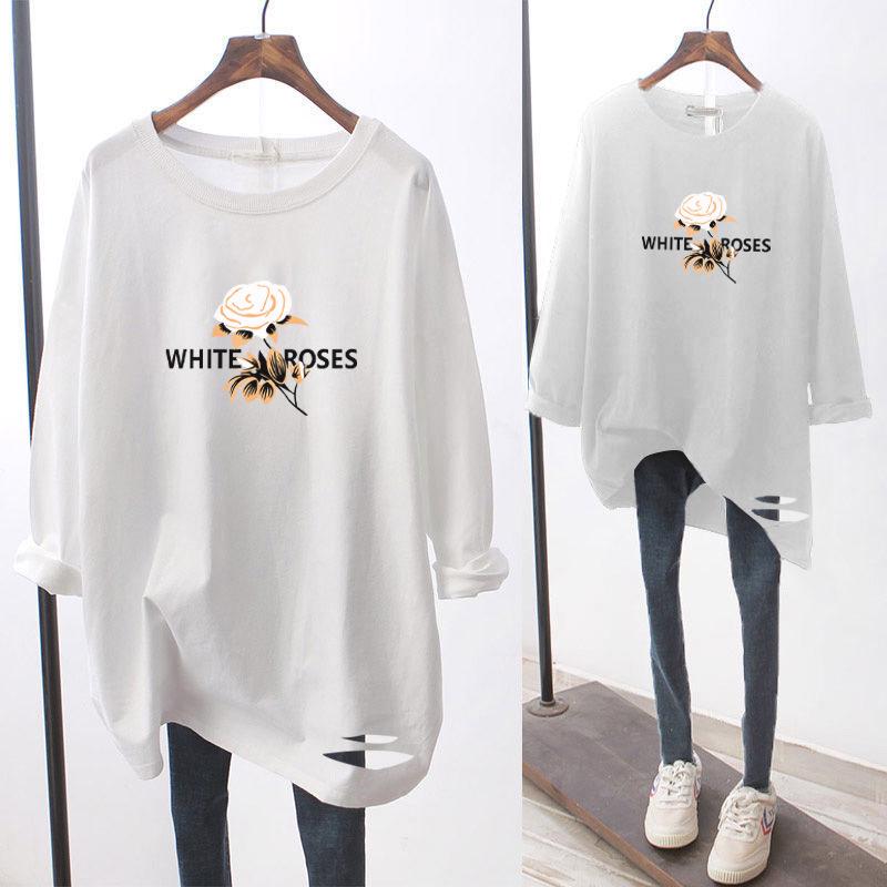 

Женская футболка с длинным рукавом свободного кроя с мультяшным принтом, Осень/Зима 2024 - Большой размер, Повседневный однотонный топ 4XL (Recommended for 150-165 lbs)