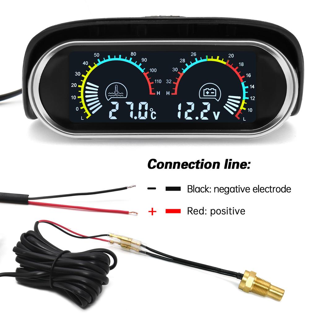 -10~120 Celsius Universal LCD 2 in 1 Gauge with Water Temperature Sensor Adapter 40mm NPT 1/8 Meter Voltmeter+Water Temp Display