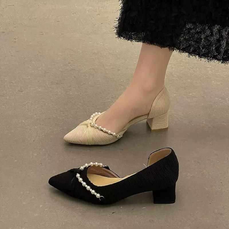 Temperament versatile pearl pointed head shallow mouth middle heel thick heel casual single shoes women's 2025 spring new French high heels