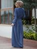 A1325 Arabian Washed Denim Long Dress with Drawstring Waist and Spliced Long Sleeves