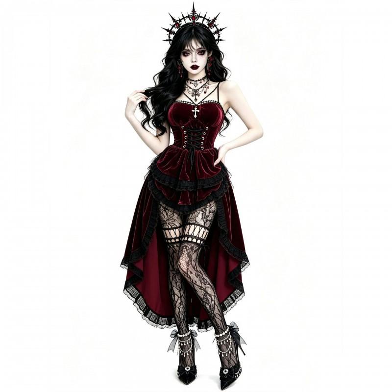 Gothic Vampire Costume Dress Wine Red Velvet Corseted Maxi Skirt Dark Queen Cosplay Outfit Halloween Party