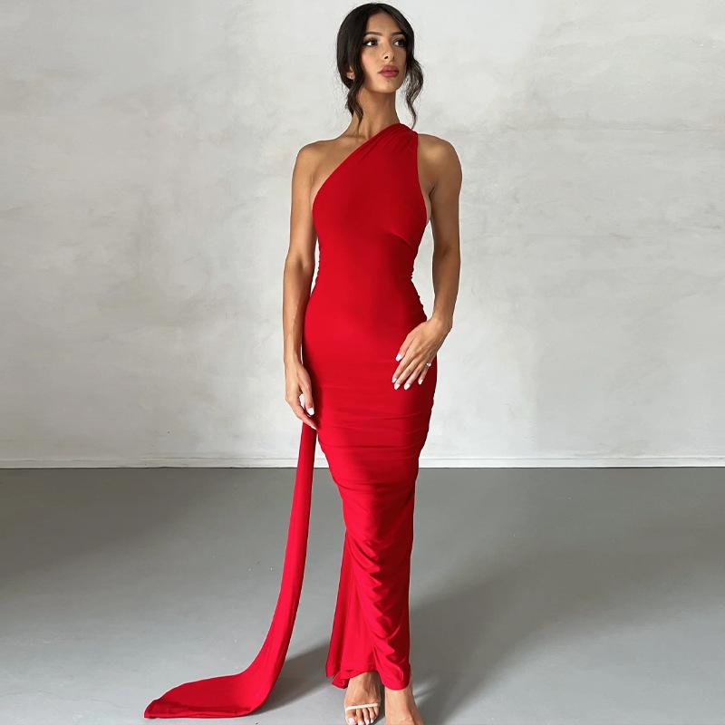 Vestidos de Verano Sexy sin Espalda con Cuello Halter, Plisados, Slim, Color Sólido, sin Mangas, con Temperamento