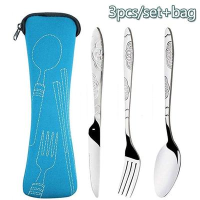 3pcs/set Dinnerware Portable Printed Stainless Steel Spoon Fork Steak Knife Set Travel Cutlery Table