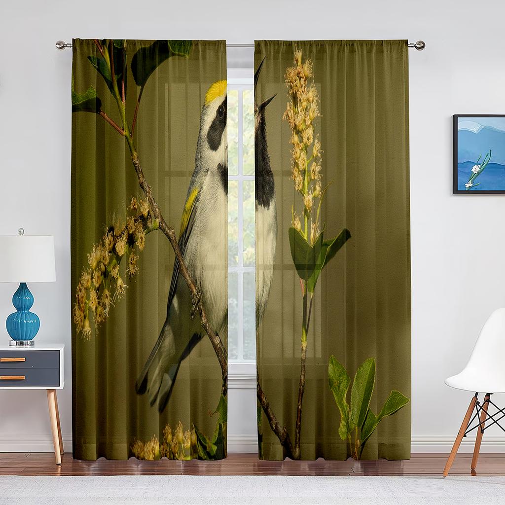 Cortina transparente de beija-flores e flores de primavera para sala de estar, quarto, decoração para casa, suprimentos para janelas, cortinas de tule de chiffon estampadas