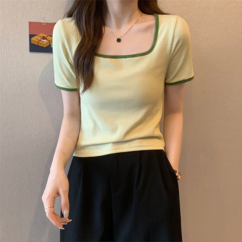 

Женская футболка с короткими рукавами большого размера, открывающая ключицу с квадратным вырезом, тонкая внутри с короткими рукавами 2XL зелёный