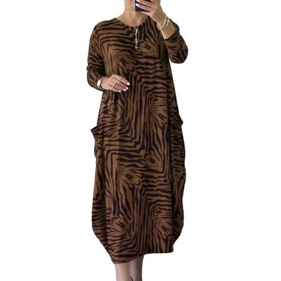 Women Maxi Dress Oversized Long Sleeve O Neck Color Matching Leopard Print Pockets Ankle Length Lady Fall Spring Dress