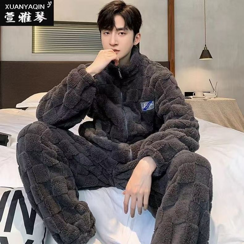 Processing Custom Pajamas Men'S Autumn And Winter Fleece Thickened Long-Sleeved Warm Coral Fleece Flannel Loungewear Set