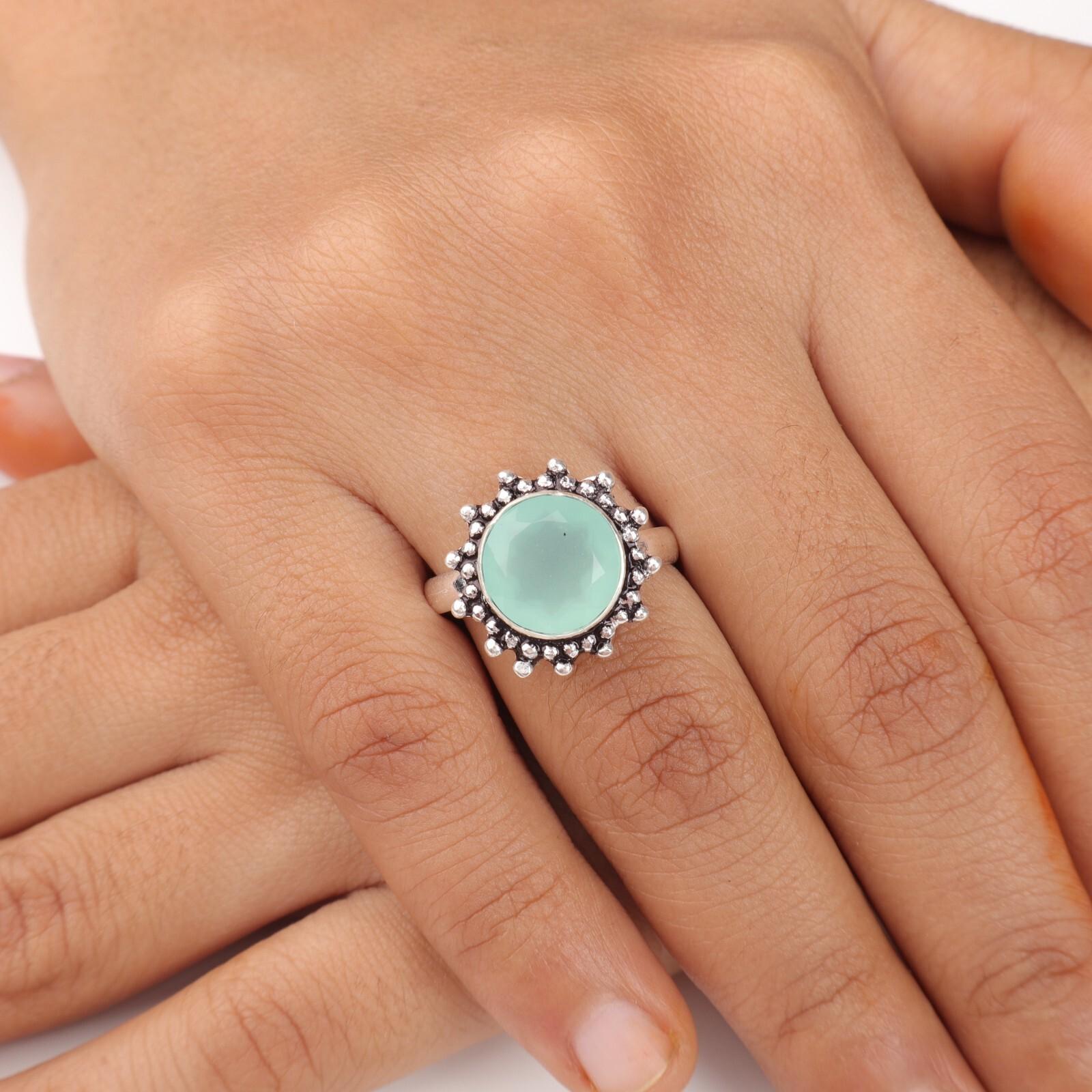 

Аква Халцедон Драгоценный камень 925 Стерлинговое серебро Ювелирные изделия Ручной работы Кольцо для повседневной носки RR-7-16 9