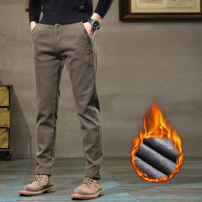 Winter Fleece Warm  Pants Men Business  Slim Fit Stretch Thicken Gray Khaki Fluff Casual Fashion  Trousers Men