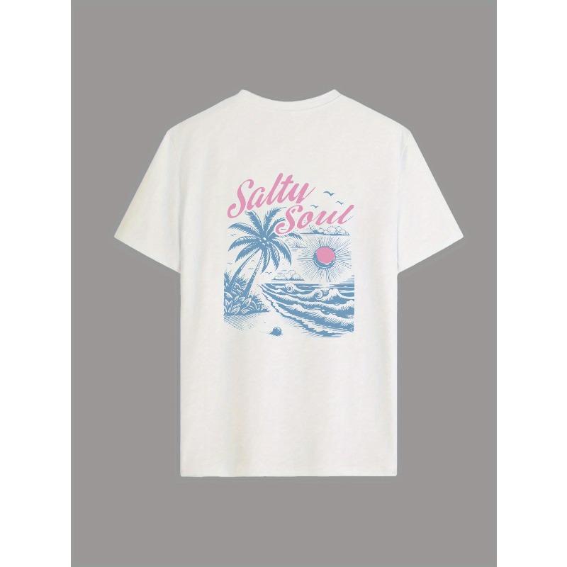 European Size Girls Round Neck Short Sleeved T Shirt with Blue Beach Pattern Print