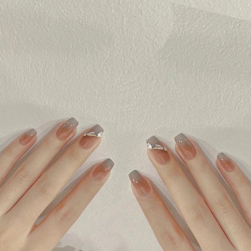 

French Blush Press-On Nails: Autumn Color Block Nail Art Stickers With Glue