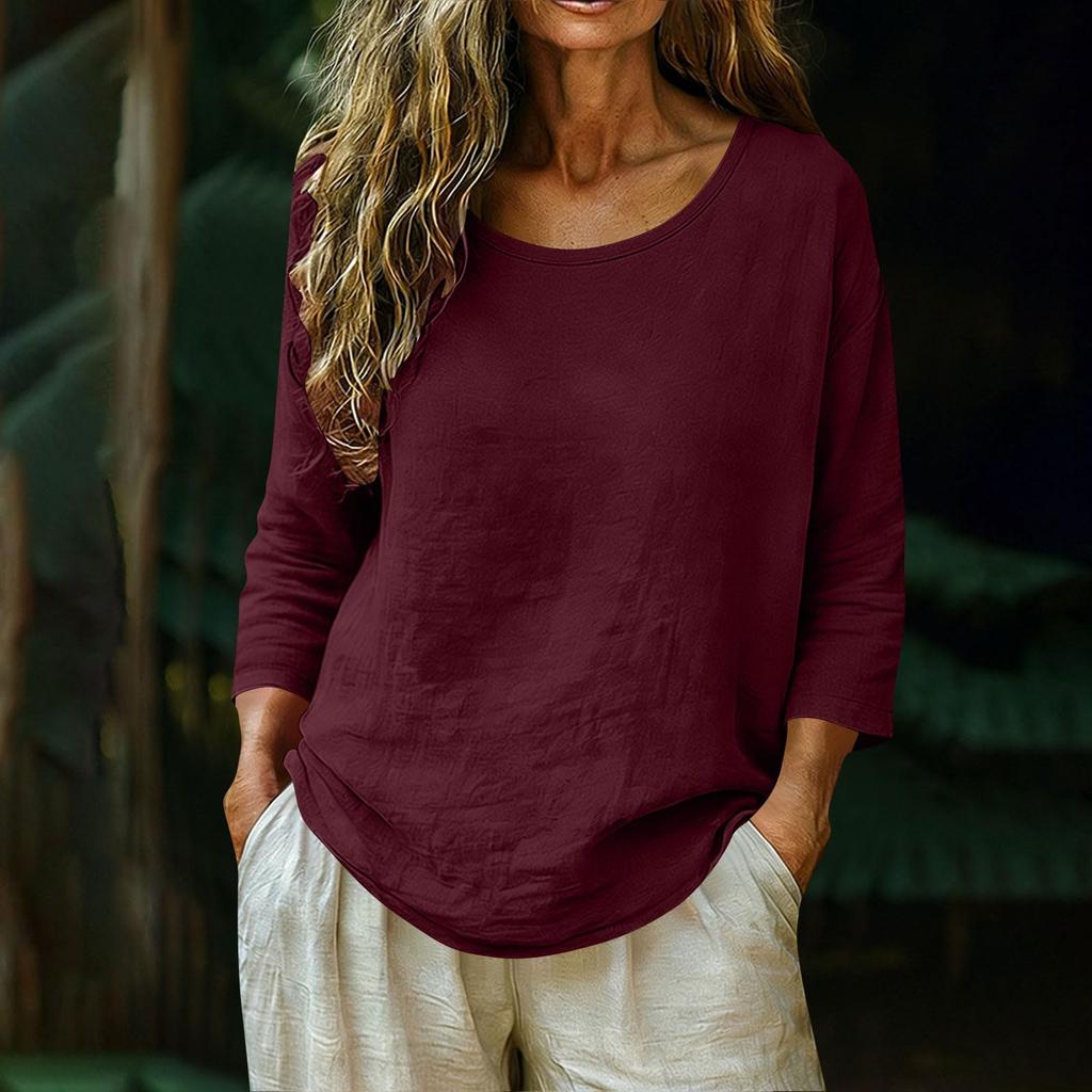 Women's Fashion Casual Solid Color Round Neck Three Quarter Sleeve Loose Fit Cotton Linen Top Lightweight Breathable Blouse