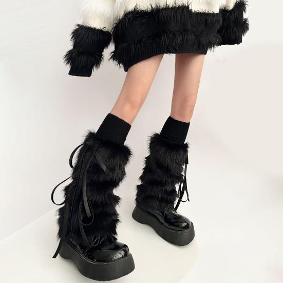 Fuzzy Leg Warmers Women Winter Faux Fur Leg Warmers with Bows Fluffy Boot Cuffs Covers for Halloween Xmas Costume Cosplay Parties