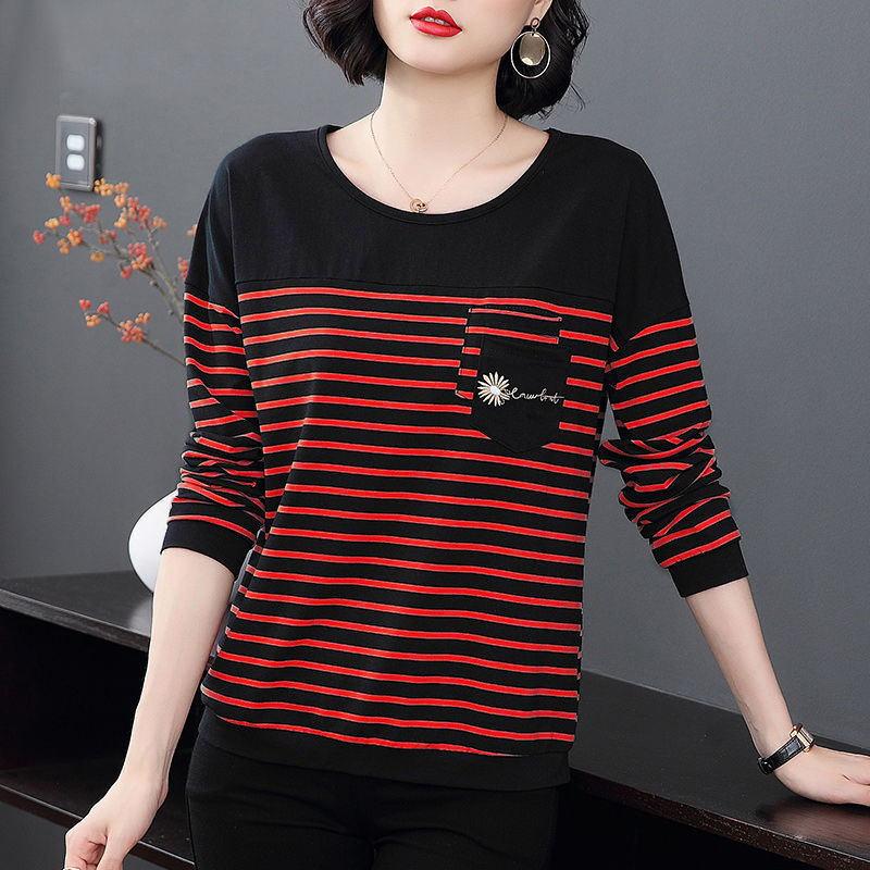 Autumn Middle Age Mom Long Sleeve T Shirt Women Round Neck Striped Loose Casual Base Layer Top