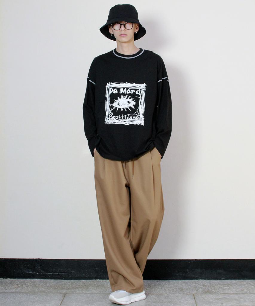Deumakeu Wide-Fit One-Pleat Plain Pants Khaki Beige