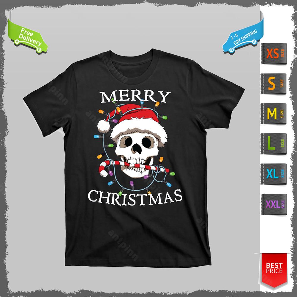 Skull Santa Hat Candy Cane Christmas T-shirt