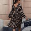 Elegant Women Knee Length A Line High Waist Casual Dress V Neck Long Sleeve Print for Autumn Winter