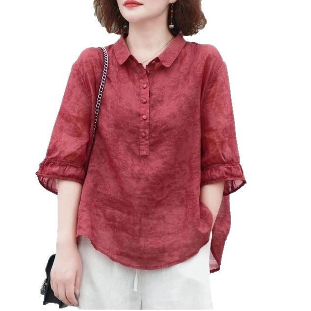 Damski letni T-shirt z klapami z jedwabiu i lnu: Krótki rękaw, Chłodny, Modny, Cienki pulower