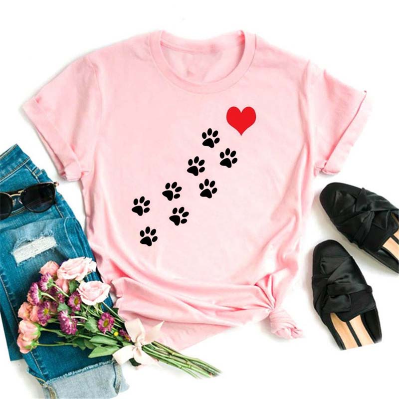 Women Dogs Paws Love Heart Printed T-shirts Fashion Summer Short Sleeve Lady Womens Clothes Tops T-Shirt Black Shirt Tees Female