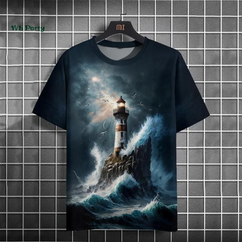 Lighthouse 3D Printed Men's Short Sleeve T-Shirts Hip Hop Street Tops Casual Loose Men's Clothing