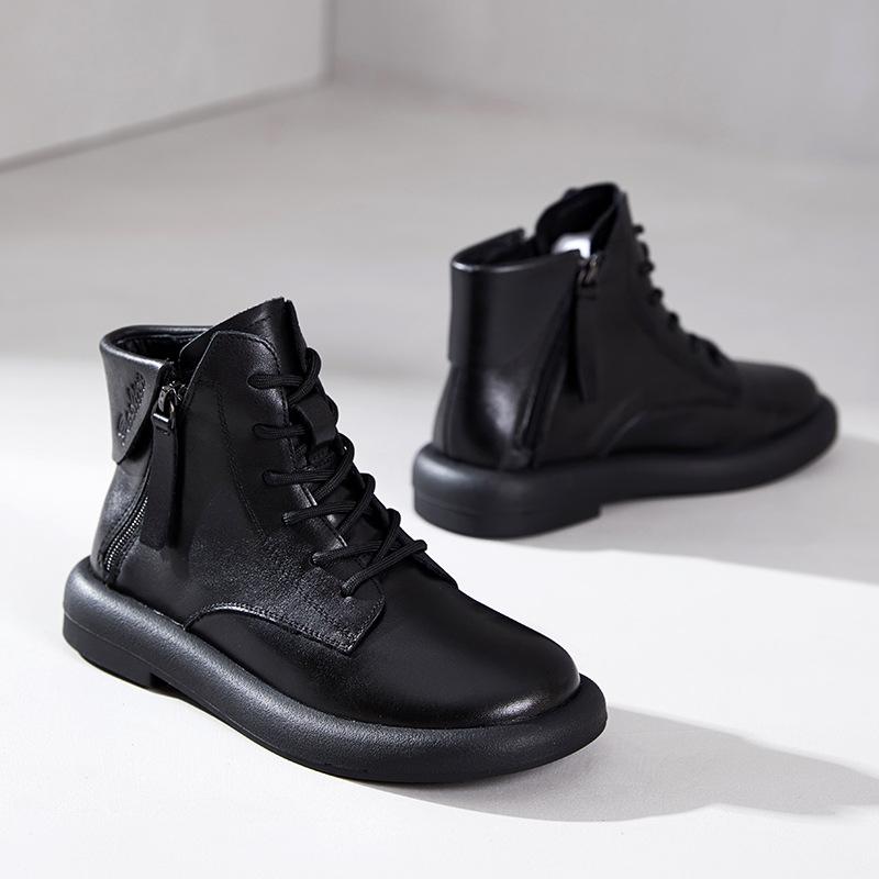 First-layer Cowhide Martin Boots Women's Autumn and Winter 2025 New Flat-bottomed Velvet Double Zipper Cowhide Women's Short Boots