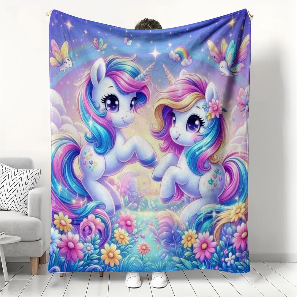 Cartoon Unicorn Fleece Blanket Rainbow Butterfly Floral Printed Throw Blanket Soft Cozy Fantasy Style Blanket for Kids Portable 130x150cm