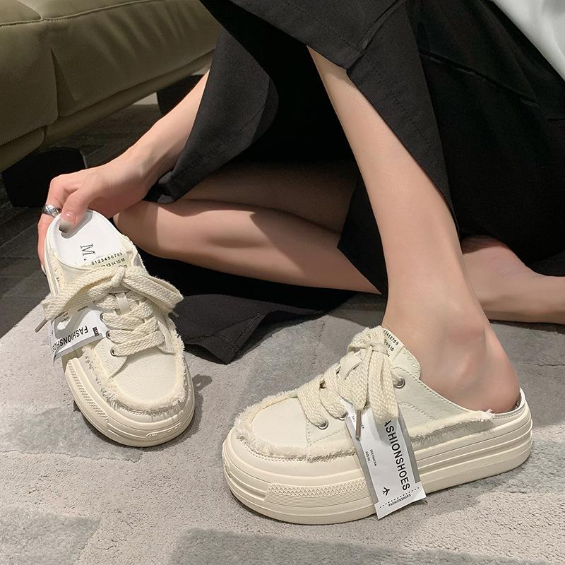 Half-drag canvas shoes women's 2025 summer bag head outer wear board shoes small fragrant wind one pedal lazy thick-soled casual women's shoes