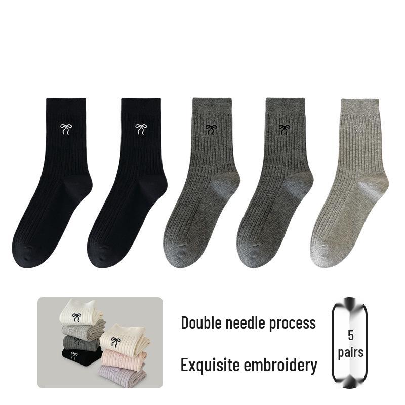 Girls' Mid-Calf Seamless Cotton Socks with Butterfly Embroidery - Wear-Resistant, Anti-Pilling, for Spring and Autumn