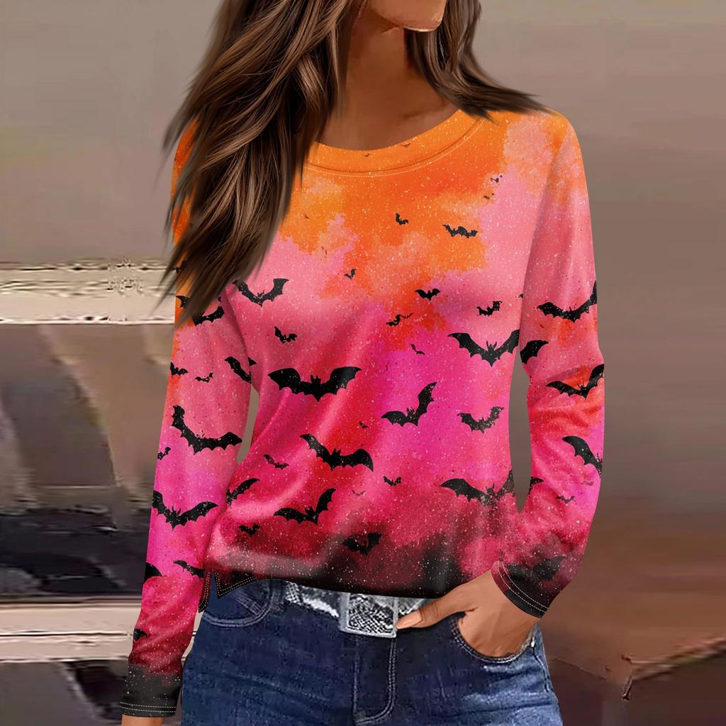 Women's Fashion Hem Slit Casual Halloween Printed Round Neck Long Sleeve Top