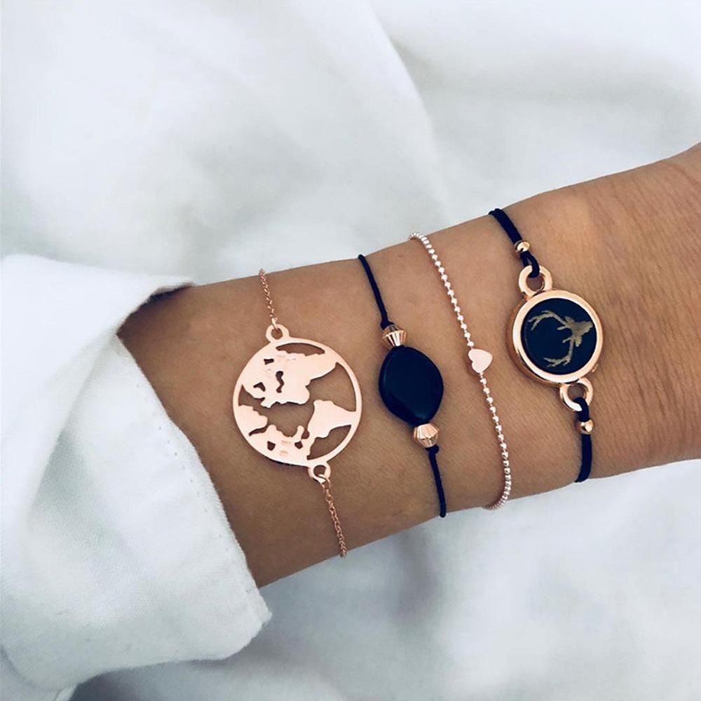 Boho Round Marble Charm Bracelet Set For Women Geometric Black String Rope Chain Bangle Female Bohemian Jewelry Gift