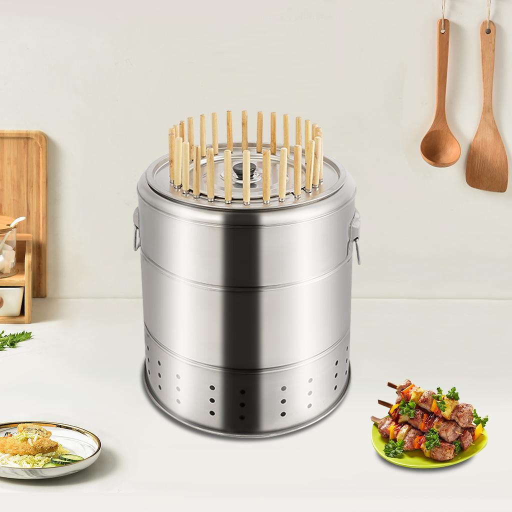 201 Edelstahl Holzkohle Grill, Silber 28 Spieße Zylinder Tragbarer Barbecue Holzkohle Fass Grill 39*43cm für Picknicks