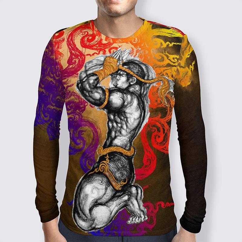 Spring and Autumn Round Neck Muay Thai Graphic 3D Printed Top Fashionable Casual Long Sleeved Men's T-shirts