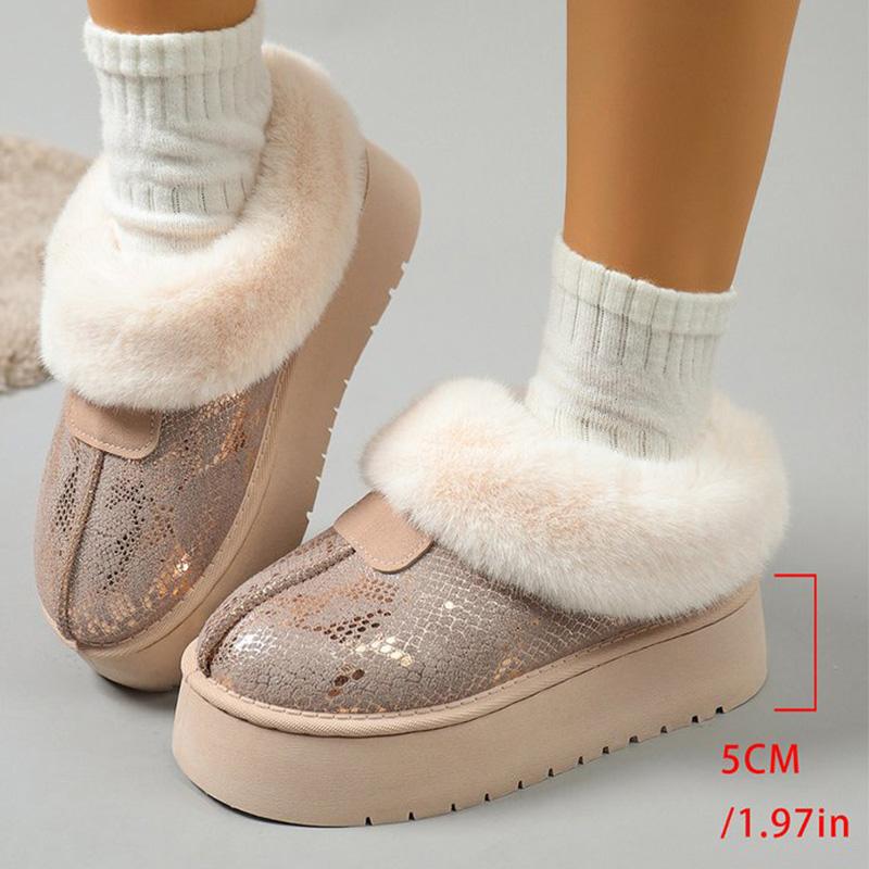 Fashion Chic Beige Shiny Snow Boots for Women 2025 Winter Korean Short Plush Warm Boots Woman Round Toe Thick Bottom Booties Female