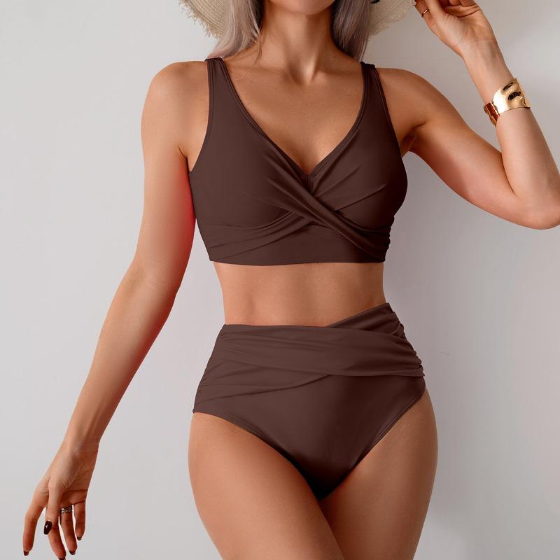 Damen Sexy Einfarbiges High Waist Bikini Set mit Brustpolster Geteiltes Zweiteiliges Strand Pool Badeanzüge